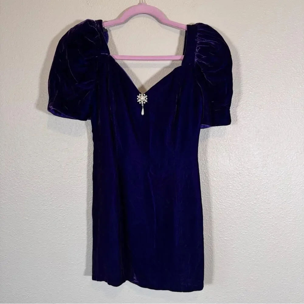 Vintage 80s Purple Velvet Puff Sleeve Mini Dress Womens 8 Fall Prom Formal Retro